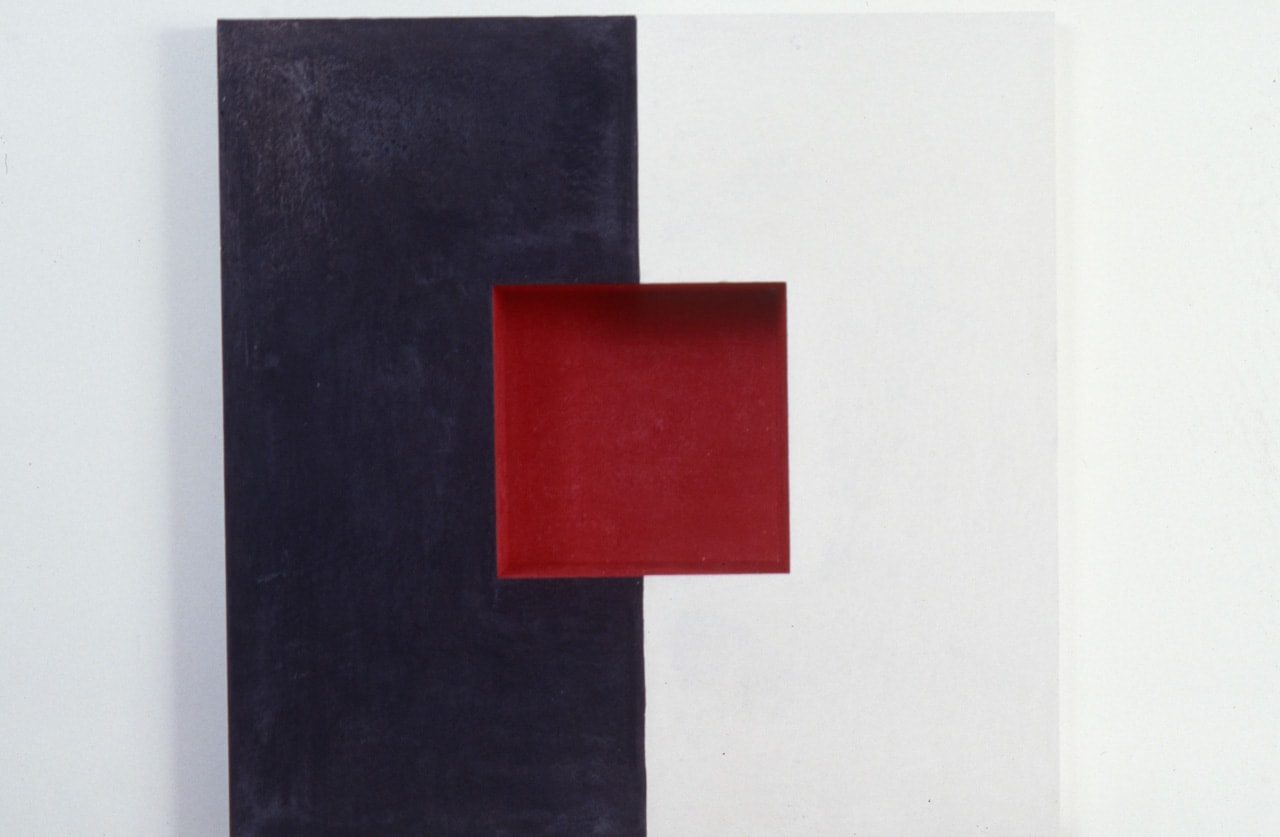 Jackie Winsor &quot;Black and White Inset Wall Piece with Red Interior&quot; 1992 Acrylic altered cement and powdered pigment 17 1/8&quot; x 17 1/8&quot; x 3 7/8&quot;