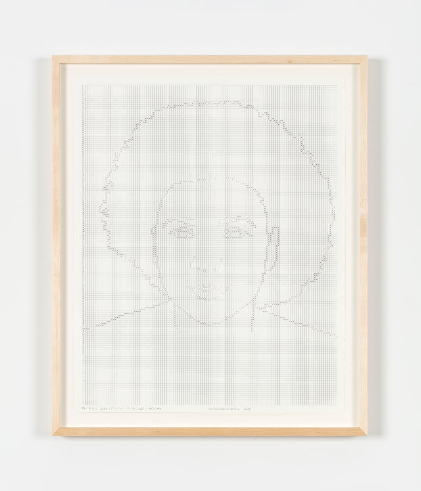 Charles Gaines Faces 1: Identity Politics, Drawing #12, bell hooks, 2018 ink on paper 20 7/8 x 16 7/8 in. (53 x 42.9 cm) frame: 23 1/2 x  19 1/2 x 1 1/2 in. (59.7 x 49.5 x 3.8 cm)