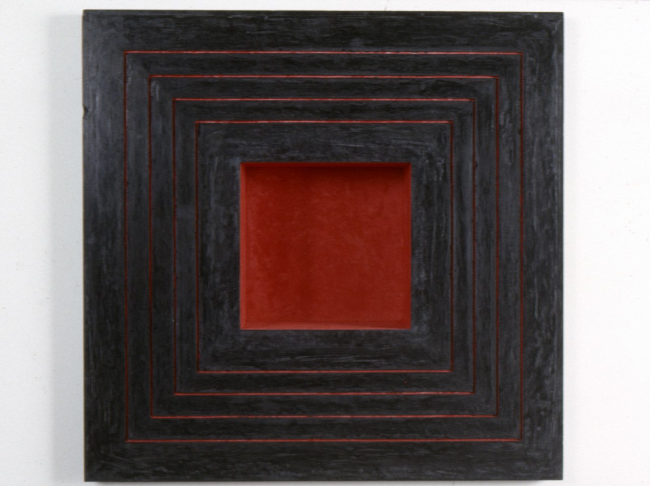 Jackie Winsor &quot;Black Inset Wall Piece, 4 Red Lines with Red Interior&quot; 1992 Acrylic altered cement and powdered pigment 18&quot; x 18&quot; x 3 7/8&quot;
