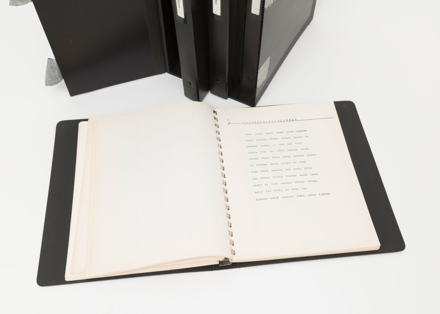 Carl Andre
Seven Books: Three Operas, A Theory of Poetry, America Drill, Passport, One Hundred Sonnets, Lyrics and Odes, Shape and Structure, 1969-1979
set of seven books, xerox manuscripts in binders
11" x 8 1/2" each page
Published by Dwan Gallery, New York, and Seth Siegelaub