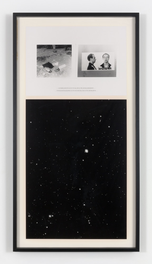 Charles Gaines NIGHT/ CRIMES: Scorpius, 1995 black & white photograph and silkscreened text frame: 68 x 35 7/8 x 3 in. (172.7 x 91.1  x 7.6 cm)