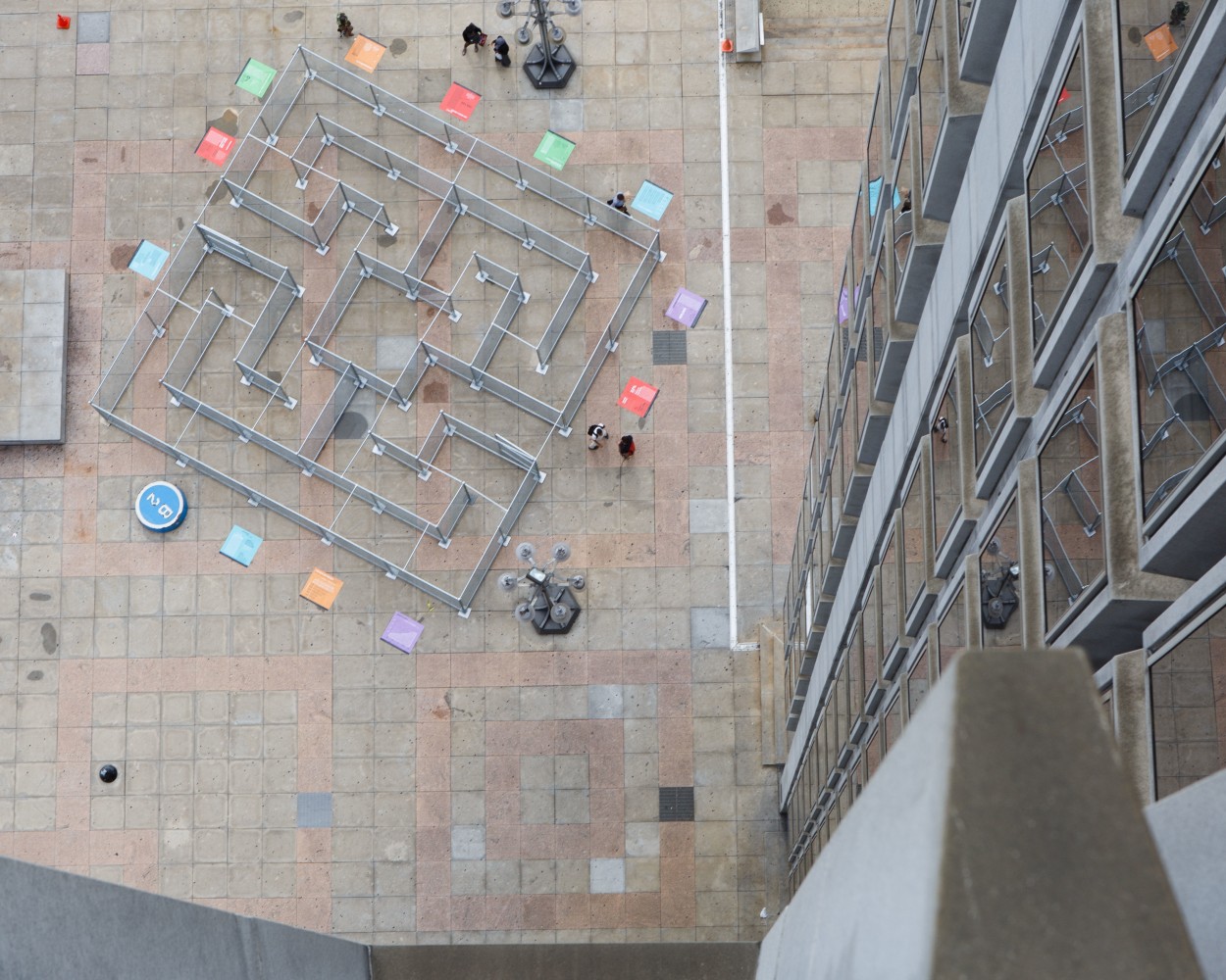Labyrinth, 2015, created by Sam Durant for the City of Philadelphia Mural Arts Program's Open Source project, steel, 96 x 480 x 480 in. (243.8 x 1219.2 x 1219.2 cm), located at 1401 JFK Boulevard on Thomas Paine Plaza across the street from City Hall, Philadelphia, PA., Photo by Steve Weinik for the City of Philadelphia Mural Arts Program.