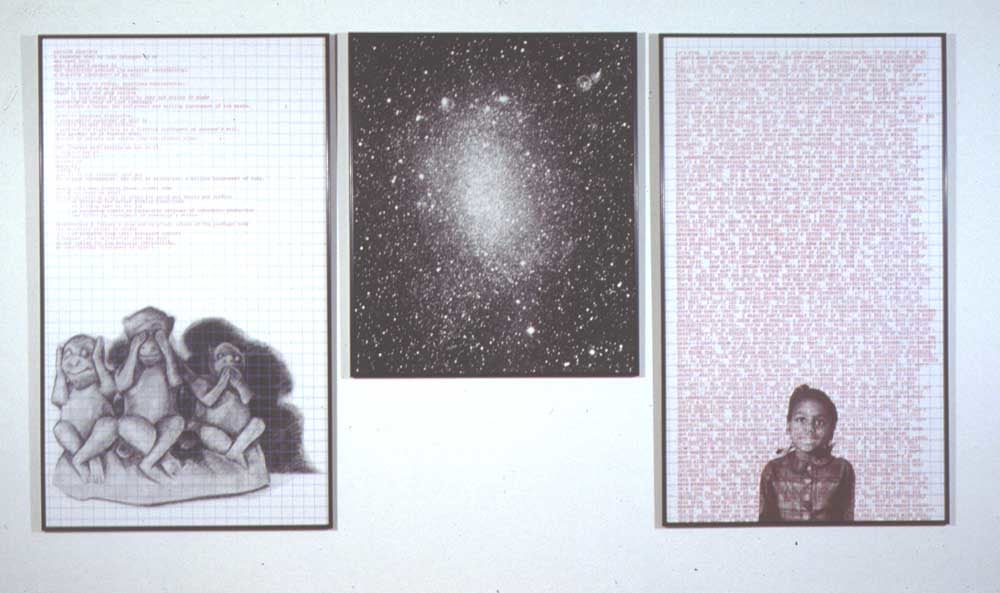 Adrien Piper &quot;Decide Who You Are #33: Private Property&quot; 1992 Panel 1: pencil drawing on graph paper enlarged to 72 11 x 42&quot; with overprinted red text. Panel 2: photograph enlarged to 50 1/2&quot; x 42&quot; Panel 3: photomontage on graph paper enlarged to 72&quot; x 42&quot; with overprinted red text.