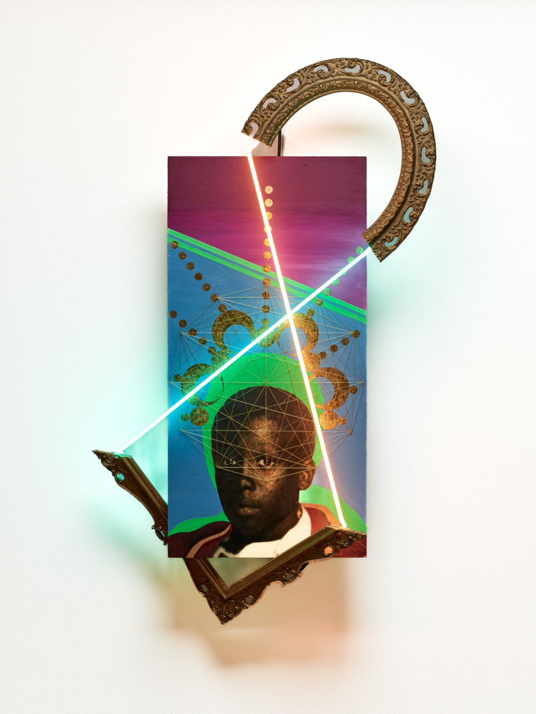 Ja&amp;#39;Tovia Gary 
Daddy, Maybe, 2022
neon, acrylic paint, wheatpaste, imitation gold leaf, wood, string
48 x 24 x 1.5 in. (121.9 x 61 x 3.8 cm)