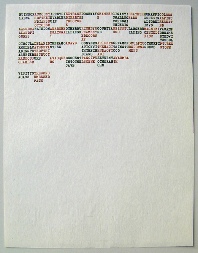 Carl Andre &quot;RUINSOFACCOUNTIRRETRIEXTR AORDOORWAYCHAMBERGIGA NTIDEATHSHHUMANFICOLOSS YUCATAN&quot; 1972 Color photocopy on typewriter paper 11 x 8 in.