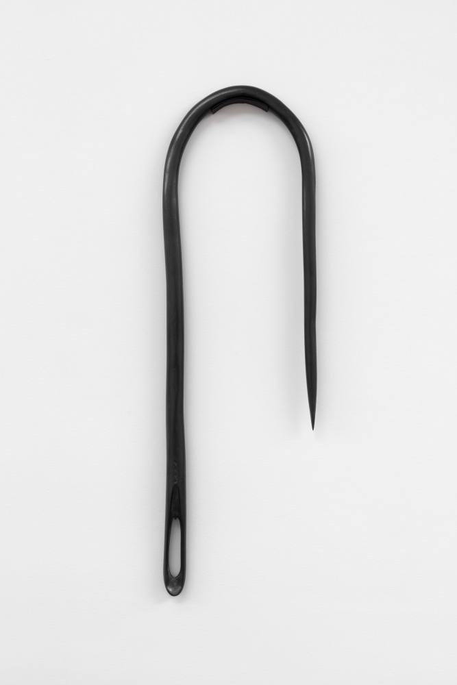 Claudette Gacuti, NEEDLE #1, 2021, Unfired cellulose clay, acrylic paint, polyurethane and graphite 38  x 11 1/4 x 2 in. (96.5 x 28.6 x 5.1 cm)