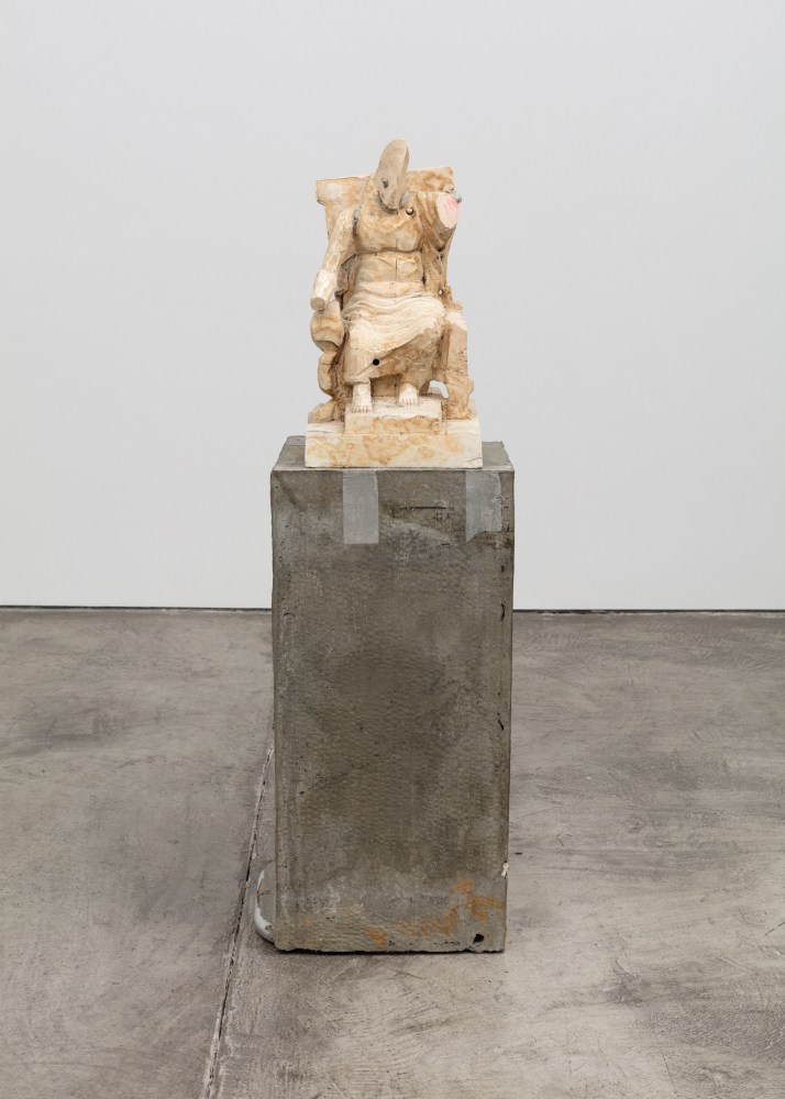 Justin Matherly Untitled (Fear, Anxiety and Joy), 2016 Modified gypsum, spray paint, acrylic paint, stainless steel, threaded rod, epoxy, concrete, ambulatory equipment figure: 17 1/2 x 9 1/2 x 9 in. (44.5 x 24.1 x 22.9 cm); base: 27 x 12 1/2 x 14 in. (68.6 x 31.8 x 35.6 cm); sculpture: 44 1/2 x 22 x 23 in. (113 x 55.9 x 58.4 cm)