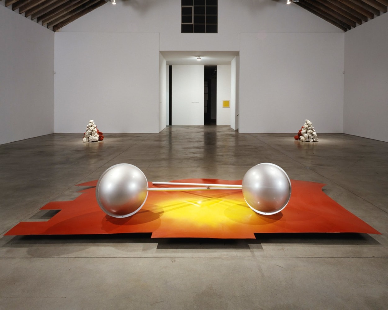 Robert Grosvenor &quot;Untitled&quot; 1999 fossil rock, sheet metal, plastic and acrylic enamel paint rock pile  left - 34 1/4 x 36 x 34 1/2&quot;; 85.6 x 90 x 86.2 cm rock pile right - 34 1/4 x 35 1/2 x 36&quot;; 85.6 x 88.7 x 90 cm platform - 5 3/4 x 176 x 89&quot;; 14.3 x 440 x 222.5 cm two plastic elements - 24 1/2 x 24 1/2 x 93&quot;; 61.2 x 61.2 x 232.5 cm each overall - 34 1/4&quot; x 31 '1 0&quot; x 28'6&quot;; 85.6 cm x 9.5 m x 8.5 m