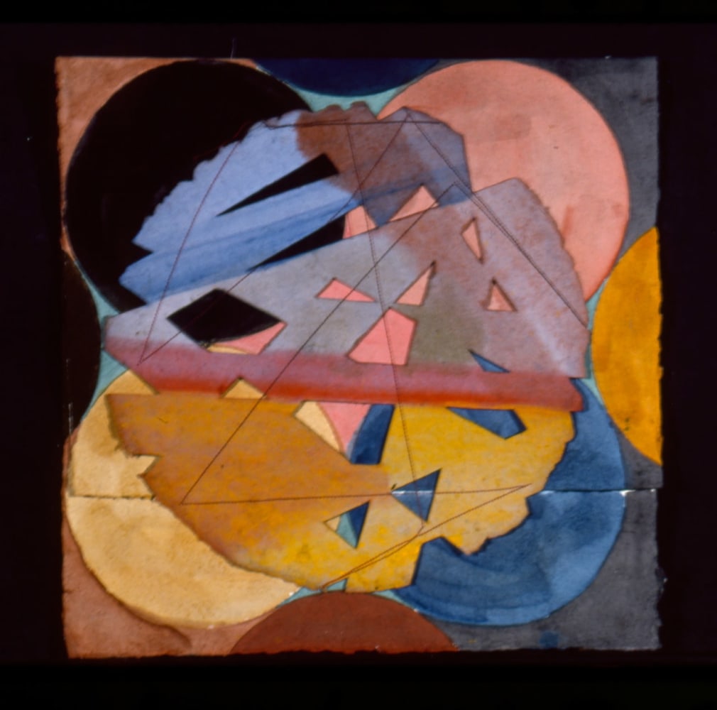 Alan Shields &quot;New Side of the Tracks&quot; 1984-85 Watercolor, thread on two sheets, handmade paper 15&quot; x 15 3/4&quot;