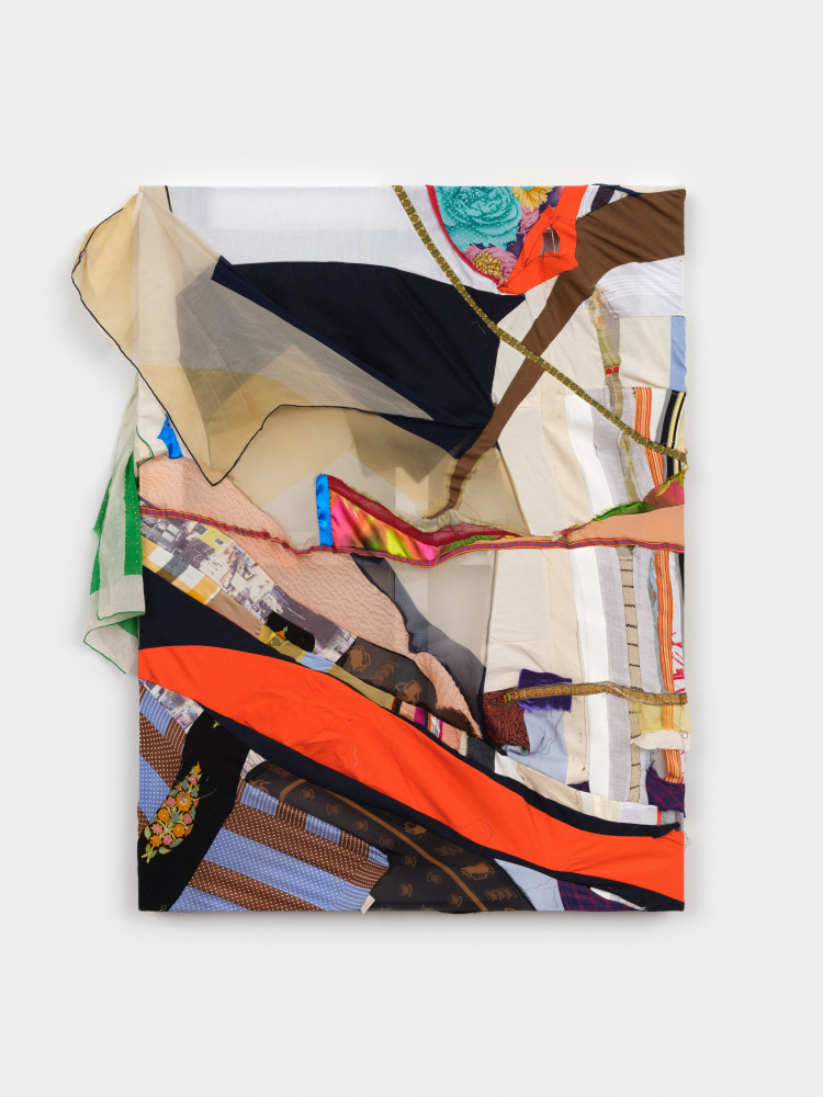 Eric N. Mack
Not magic or nor madness, Just the elements I styled, 2023
silk scarves, embroidered wool, polyester, cotton, muslin, polyester ribbon on aluminum stretcher bar
stretcher: 40 x 30 in. (101.6 x 76.2 cm)
overall: 46 x 31 x 4 in. (116.8 x 83.8 x 10.2 cm)
signed verso