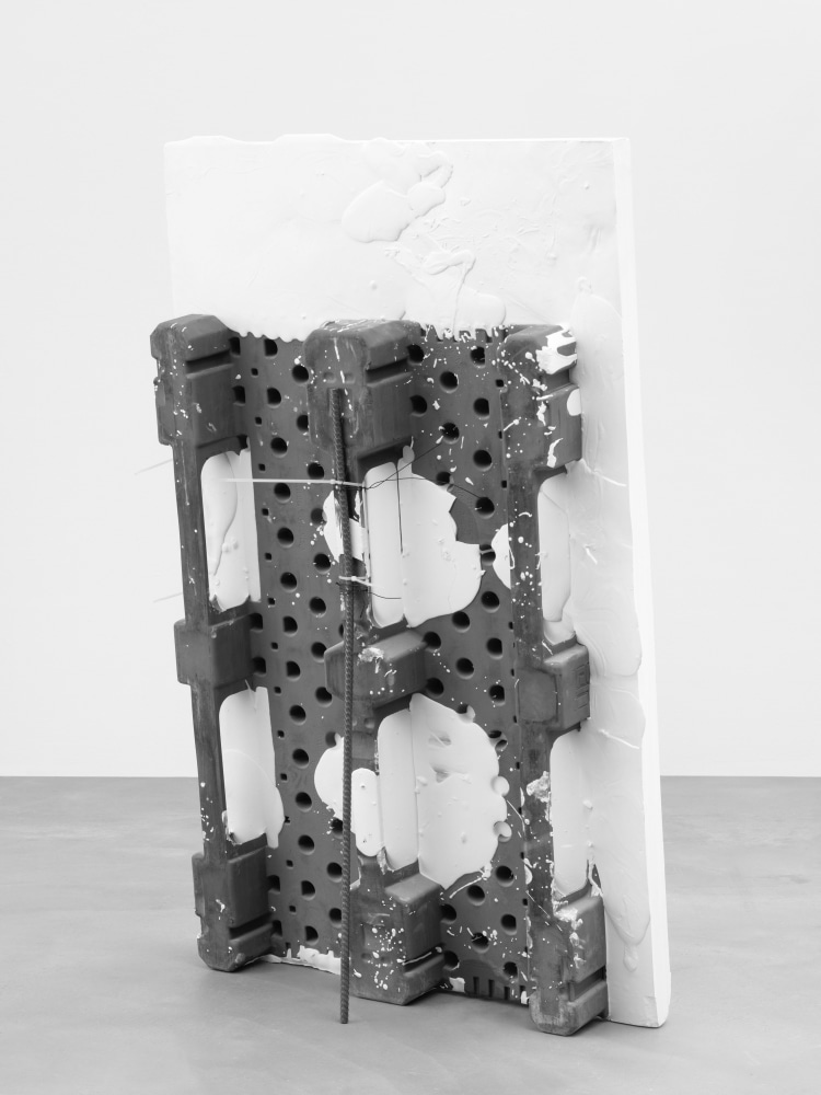 Pallet Screen (Tenggren), (detail), 2016 plastic pallet, synthetic plaster, rebar grid, reinforcing steel, zip ties, newspaper print, Lascaux collage glue, Transparentlack-2 UV 59 x 35 1/2 x 6 3/4 in. (149.9 x 90.2 x 17.1 cm)