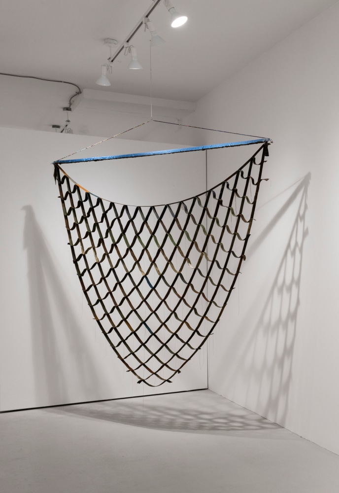 Alan Shields Singing Toy Car, 1975 acrylic paint, cotton belting, cotton thread, beads, wire 79 x 297 x 1 1/4 in. (200.7 x 754.4 x 3.2 cm)