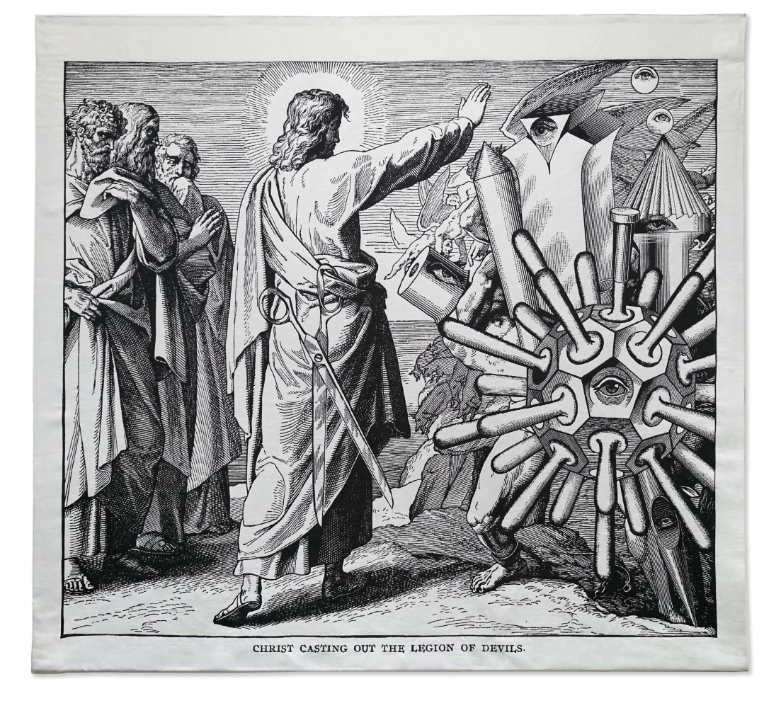Bruce Conner CHRIST CASTING OUT THE LEGION OF DEVILS, 2003 cotton, fire-retardant polyester, and wool Jacquard tapestry 104 1/2 x 115 in. (265.4 x 292.1 cm)