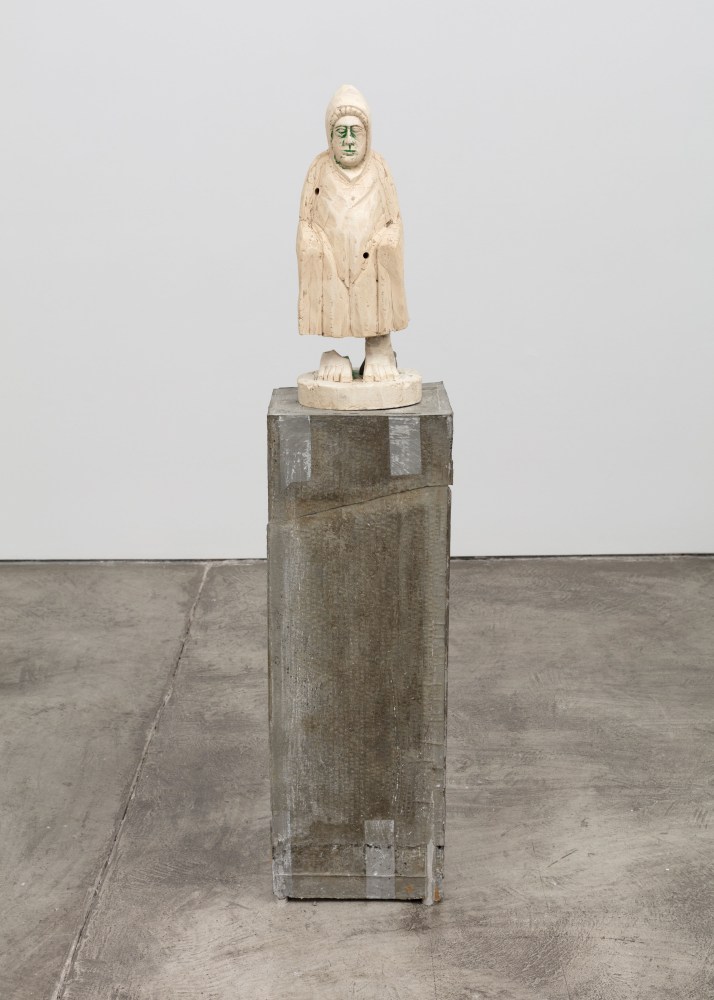 Justin Matherly Untitled (Fear, Anxiety and Joy), 2016 Modified gypsum, spray paint, epoxy, concrete, ambulatory equipment figure: 18 3/4 x 7 1/5 x 7 1/2 in. (47.6 x 18.3 x 19.1 cm); base: 32 1/2 x 11 x 11 in. (82.6 x 27.9 x 27.9 cm); sculpture: 51 1/4 x 18 1/2 x 18 1/2 in. (130.2 x 47 x 47 cm)