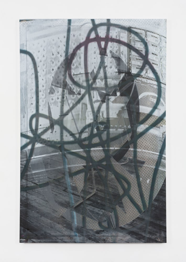 Kelly Walker Incomprehensible 'strike' fail, spiral.. blue noise, 2017 acrylic ink and graphite on silkscreen on aluminum frame 64 x 42 x 1 1/2 in. (162.6 x 106.7 x 3.8 cm)