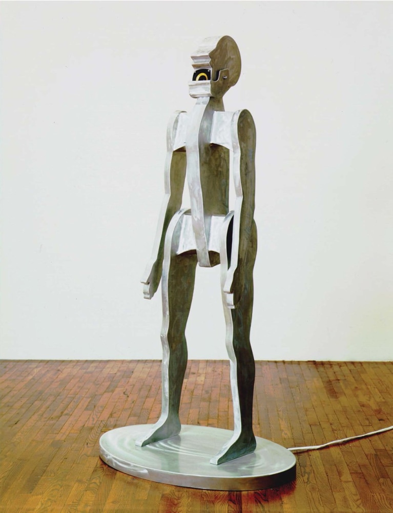 Jonathan Borofsky &quot;Singing Man&quot; 1994 Aluminum, speaker, compact disc recording of artist's voice singing a smal psalm chant 6'10&quot; x 3' x 2 1/2'