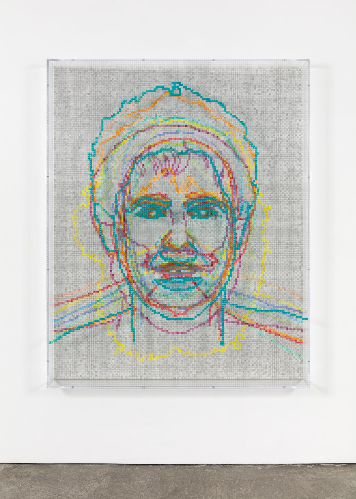 Charles Gaines Faces 1: Identity Politics, #10, Edward Said, 2018 acrylic sheet, acrylic paint, lacquer, wood 74 x 59 1/8 x 5 3/4 in. (188 x 150.2 x 14.6 cm)