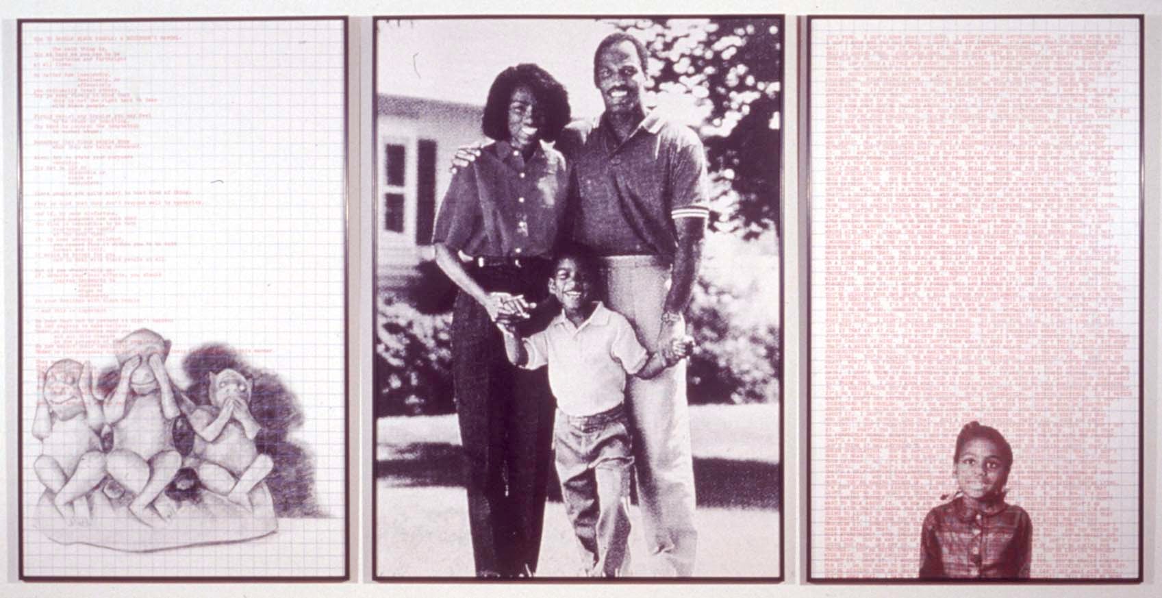Adrien Piper &quot;Decide Who You Are #25: How to Handle Black People: a Beginners Manual&quot; 1992 Panel 1: pencil drawing on graph paper enlarged to 72 11 x 42&quot; with overprinted red text. Panel 2: photograph enlarged to 72 11 x 55 7/16&quot; Panel 3: photomontage on graph paper enlarged to  72 11 X 42 11