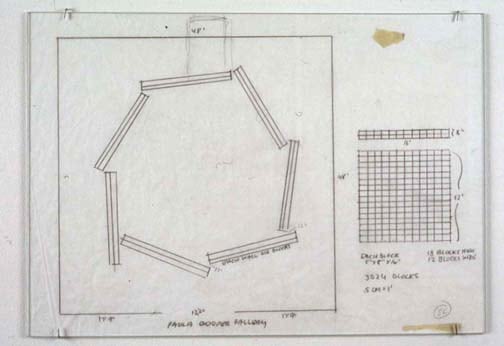 Sol LeWitt "Working Drawing for Cinderblock Structure" 2000 Pencil on tracing paper, masking tape 11 x 15 1/2"
