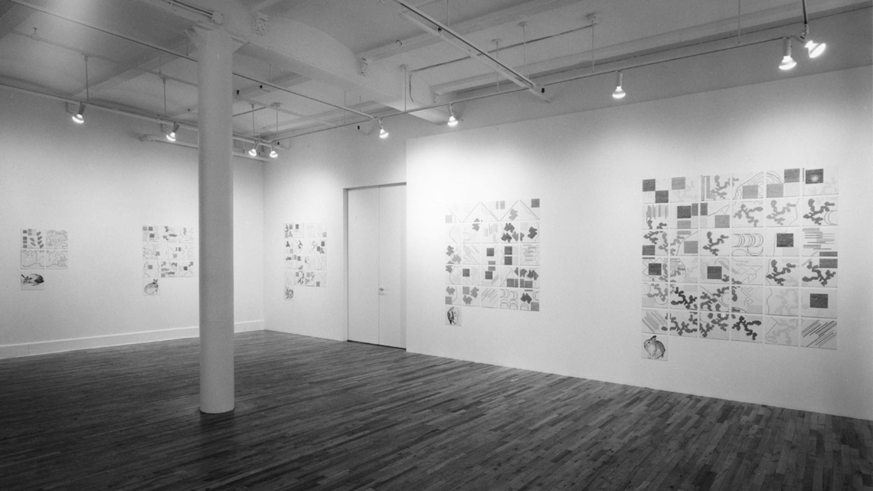 Installation view, Alphabet, Paula Cooper Gallery, 149 Wooster Street, New York, January 1 - 29, 1994. © Jennifer Bartlett. Courtesy Paula Cooper Gallery, New York, Marianne Boesky Gallery, New York, and The Jennifer Bartlett 2013 Trust. Photo: Geoffrey Clements.