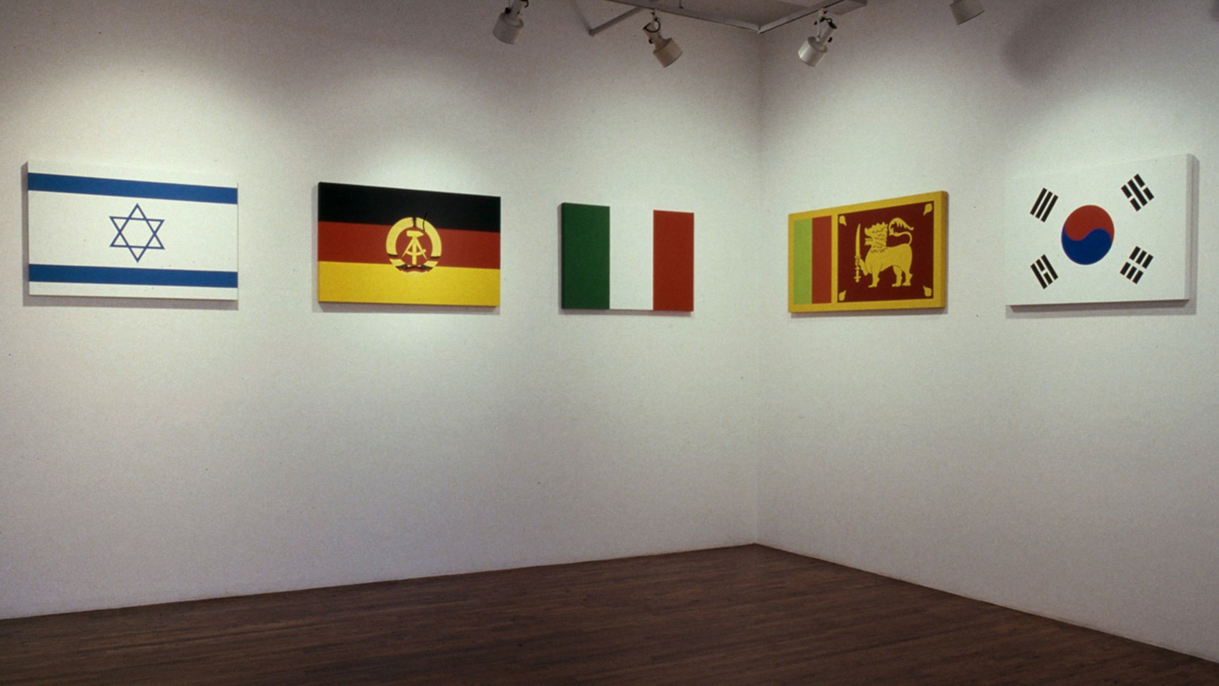 Installation view, Flags of the World, Paula Cooper Gallery, 155 Wooster Street, New York, April 2 -30, 1988. © Jonathan Borofsky. Courtesy Paula Cooper Gallery, New York. Photo: D. James Dee.