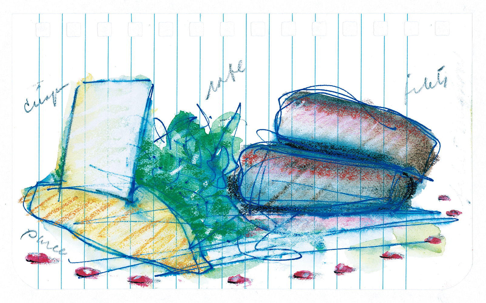 Claes Oldenburg &amp; Coosje van Bruggen Notebook Page: Filet Mignon, Chicago, 2003 pencil, ballpoint pen, crayon, watercolor image: 2 3/4 x 5 in. (7 x 12.7 cm) sheet: 11 x 8 1/2 in. (27.9 x 21.6 cm) framed: 16 3/4 x 14 x 1 1/8 inches (42.5 x 35.6 x 2.9 cm)