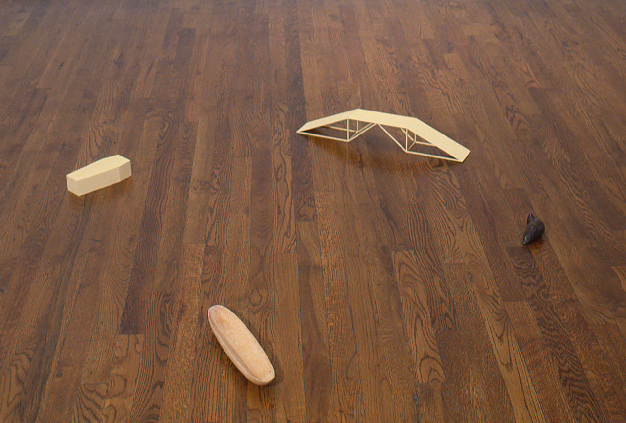 Joel Shapiro &quot;Untitled&quot; 1972 bridge: balsa wood 3&quot; x 20 1.4&quot; x 3&quot; boat: bass wood 1 5/8&quot; x 11 5/8&quot; x 2 5/8&quot; coffin: balsa wood 1 3/4&quot; x 7 1/16&quot; x 2 3/4&quot; bird: bronze 1 3/4&quot; x 3 3/4&quot; x 2 3/4&quot;