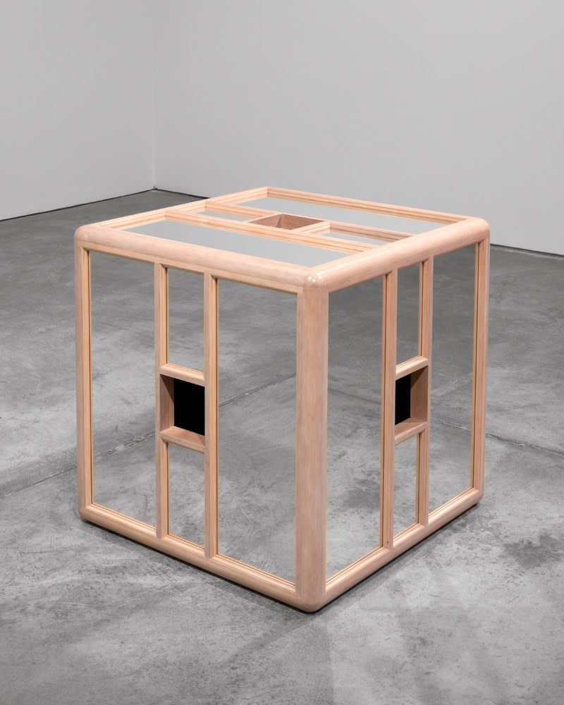 Jackie Winsor "Pink and Blue Piece" 1985 Mirror, wood, paint, cheesecloth 31 x 31 x 31 in.