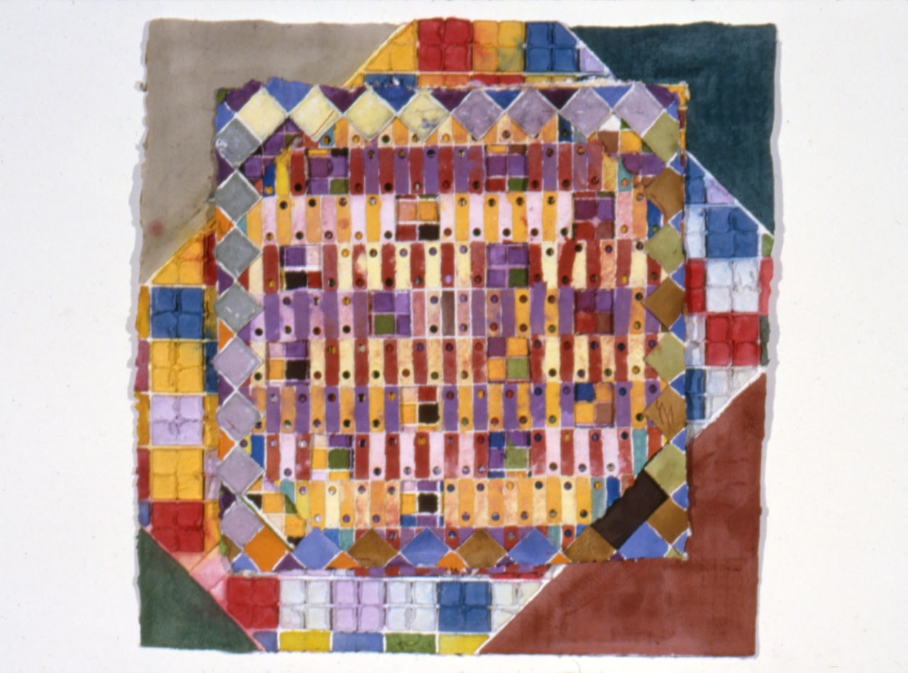 Alan Shields &quot;Struddle&quot; 1986-87 Watercolor, thread, relief on handmade paper 24&quot; x 24 1/4&quot;