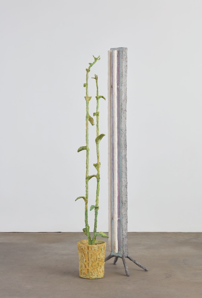 Evan Holloway Vertical Fluorescent, 2017 steel, cardboard, CelluClay, Cel-vinyl and acrylic lamp: 78 x 18 x 12 in. (198.1 x 45.7 x 30.5 cm) plant: 74 1/2 x 12 x 12 in. (189.2 x 30.5 x 30.5 cm)