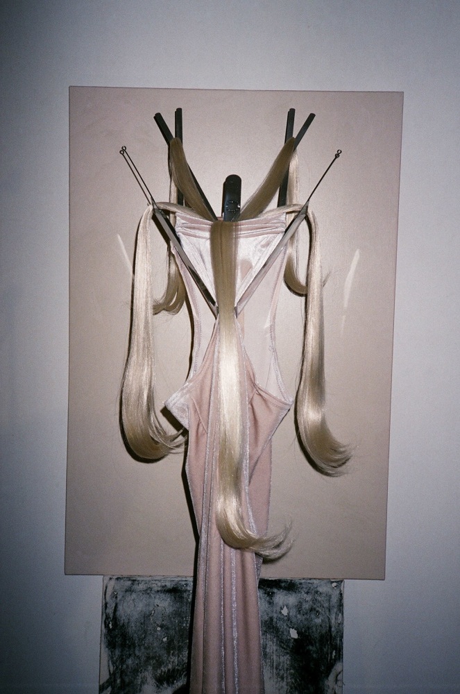 Studio #1 (Yvonne), (detail), 2018 two archival pigment prints, chrome floor standing sign holder (unique) overall: 54 x 14 x 10 in. (137.2 x 35.6 x 25.4 cm) image: 22 x 14 in. (55.9 x 35.6 cm)