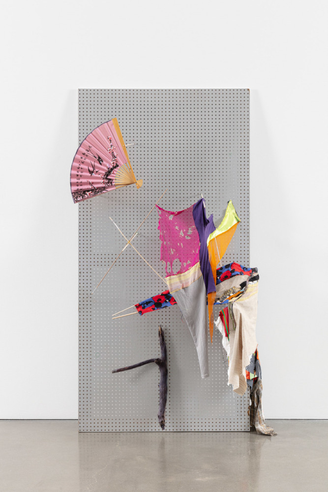 Eric N. Mack Drifter in a Silk Ragshirt, 2021 folding fan, wooden dowels, bleached silk, cotton t-shirt, silk scarves, denim, cotton spandex, satin, and dyed driftwood 94 x 48 x 16 in. (238.8 x 121.9 x 40.6 cm)
