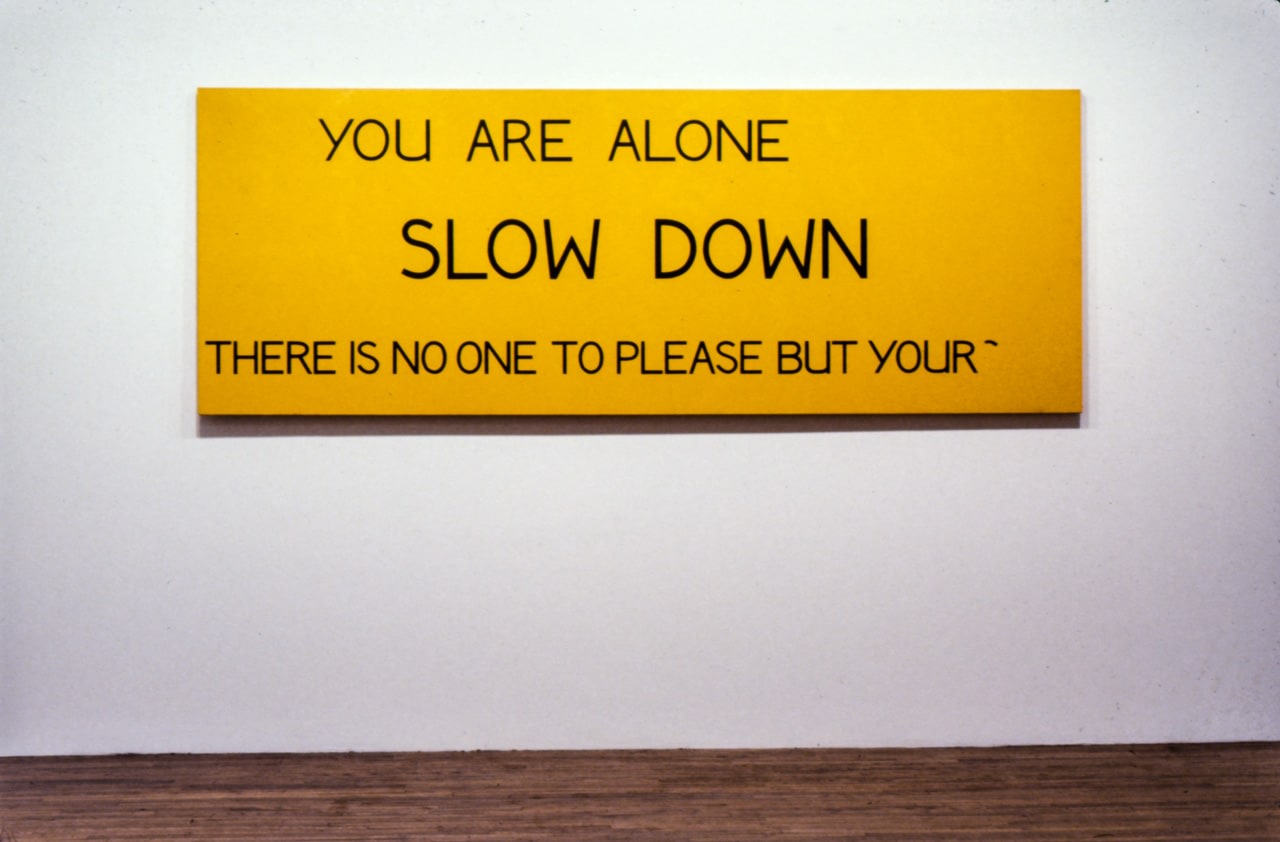 Jonathan Borofsky &quot;You are alone Slow Down There is No One to Please but Your&quot; 1973 Acrylic on canvas 54 1/4&quot; x 144 1/4&quot;