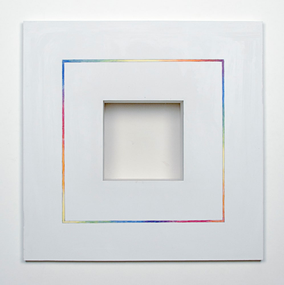 Jackie Winsor Inset Wall Piece White with Four Color Spectrum Drawing, 1995 plaster and color pencil 18" x 18" x 4 1/2"