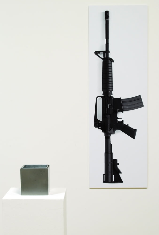 Meg Webster "Melted Weapon Box" 2008 Steel, aluminum, photograph box: 4 3/8 x 4 3/8 x 4 3/8 in.  photograph: 11 3/4 x 36 3/4 in.