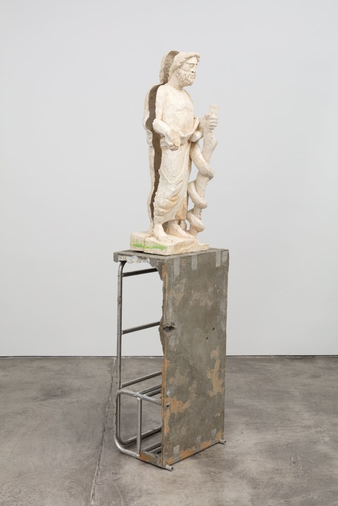 Untitled (Fear, Anxiety and Joy), (detail), 2016 Modified gypsum, spray paint,acrylic paint, concrete, ambulatory equipment, aluminum powder figure: 42 1/2 x 18 x 12 in. (108 x 45.7 x 30.5 cm); base: 45 1/2 x 22 x 17 1/2 in. (115.6 x 55.9 x 44.5 cm); sculpture: 88 x 40 x 29 1/2 in. (223.5 x 101.6 x 74.9 cm)