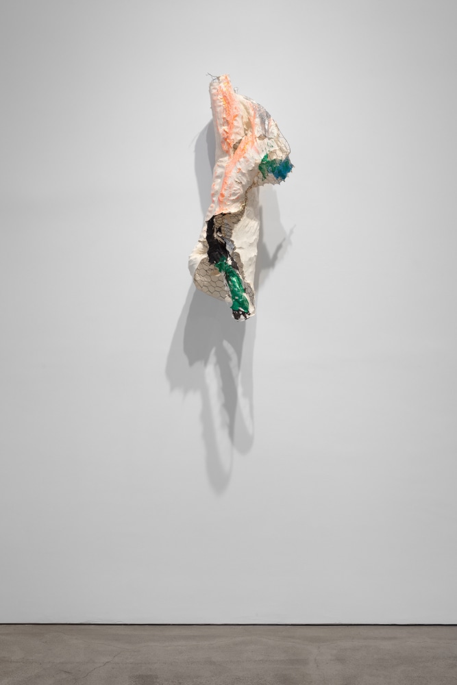 Lynda Benglis Vested Spirit, 2015 handmade paper over chicken wire, coal tempera, acrylic medium, gold sparkles, sparkles 36 1/2 x 16 x 11 in. (92.7 x 40.6 x 27.9 cm)