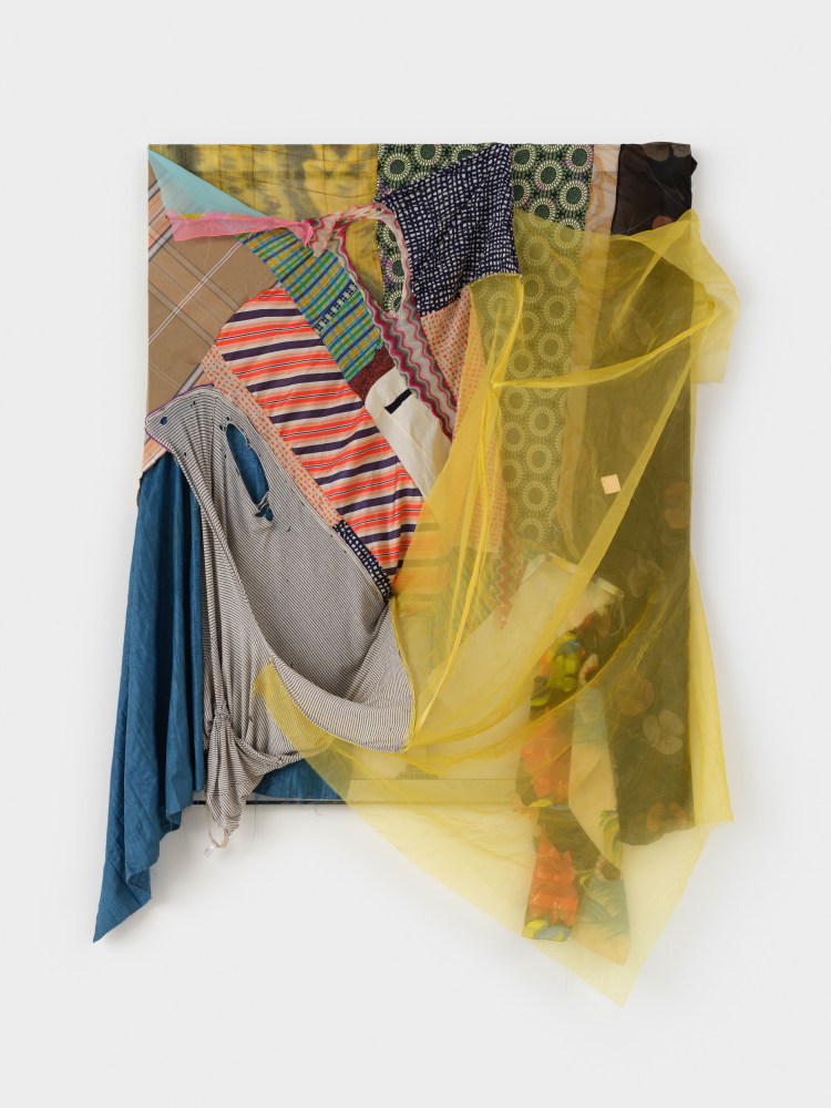Eric N. Mack  If I Knew Then (What I Know Now), 2024  silk, polyester, acrylic scarves, dyed cotton scarf, missoni knit, American Apparel shirt, and corset boning on aluminum stretcher bar  stretcher: 60 x 49 in. (152.4 x 124.5 cm)  overall: 80.5 x 54 x 14.5 in. (204.5 x 137.2 x 36.8 cm)