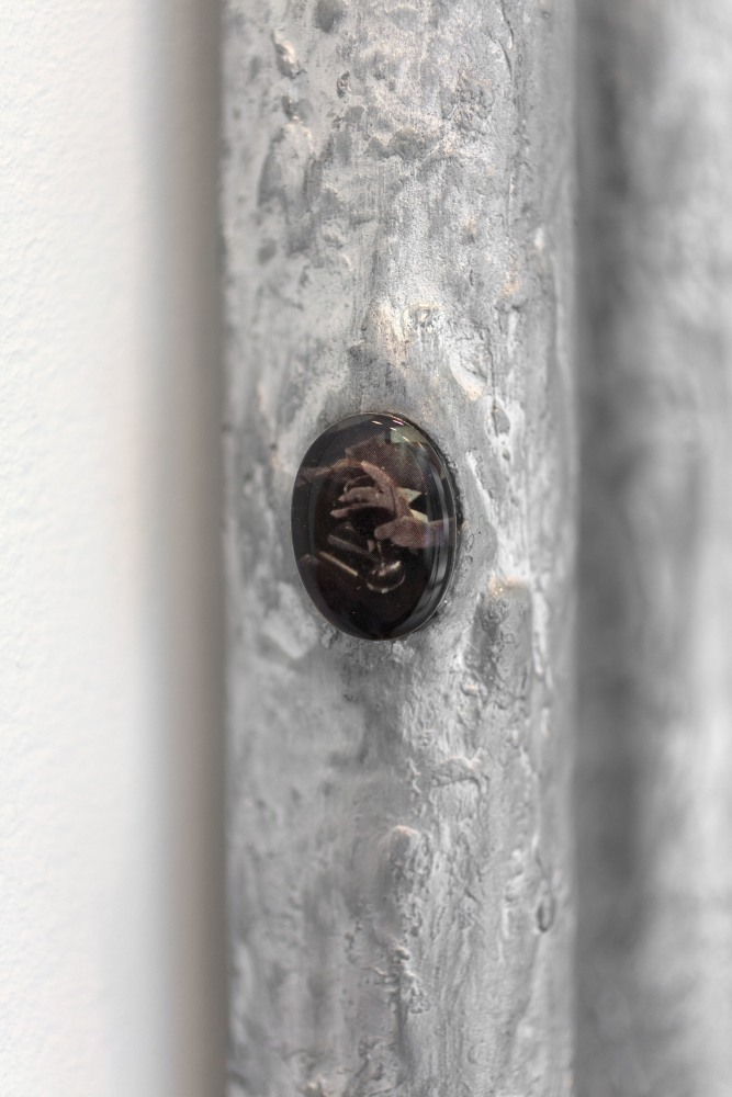 Untitled (Pipes 5), (detail), 2017 cardboard, aluminum paint, clay, metal, photo paper, inkjet dye, resin 93 x 5 x 2 in. (236.2 x 12.7 x 5.1 cm)