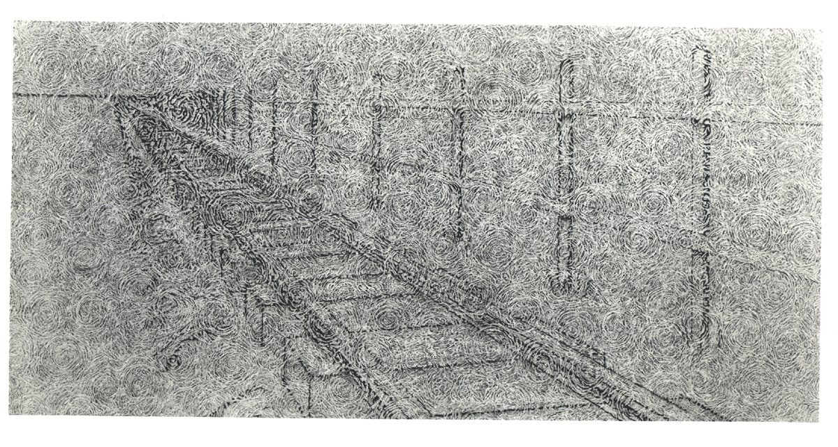 Richard Artschwager "Railroad tracks and fence" 1973 Acrylic on celotex 26 3/8 x 50 in.