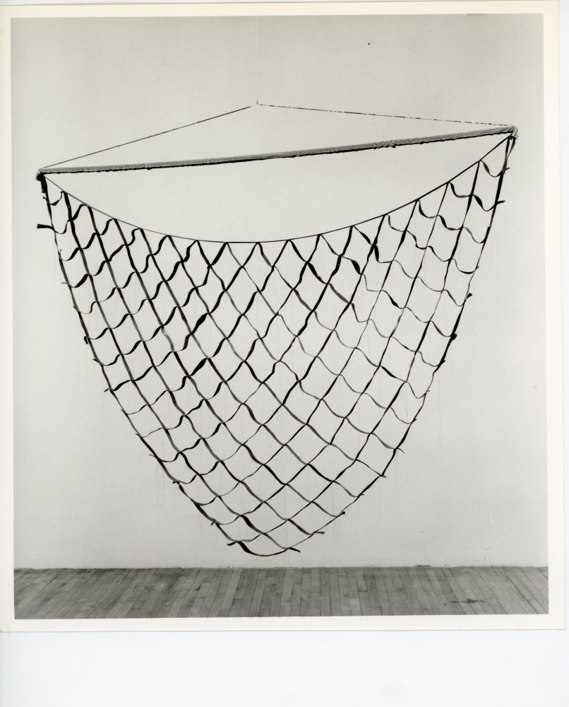 Alan Shields &quot;Singing Toy Car&quot; 1976-1977 Acrylic, thread, canvas, belting, grid 7.5' x 6'