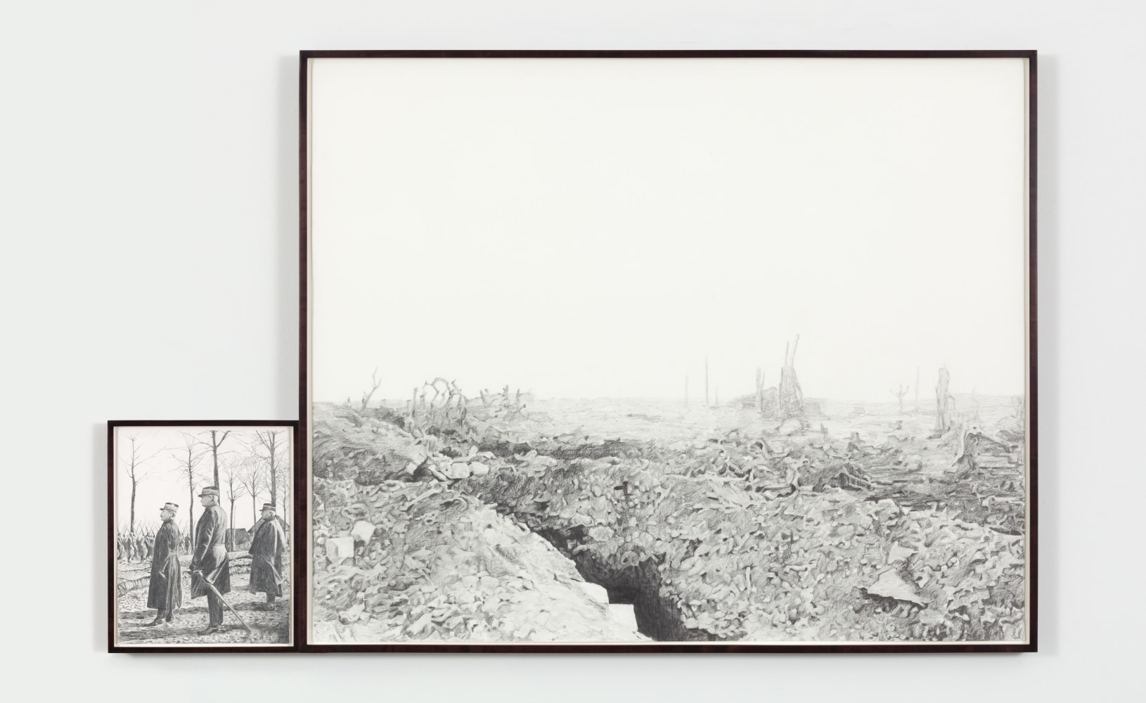 Sam Durant 1918, The Art of War, 2014 graphite on paper (drafting assistance Dina Sherman) Overall: 45 1/4 x 72 1/2 in. (114.9 x 184.2 cm) Left - 16 3/4 x 13 1/2 in. (42.5 x 34.3 cm) Right - 45 1/4 x 55 3/4 in. (.6 x 141.6 cm)