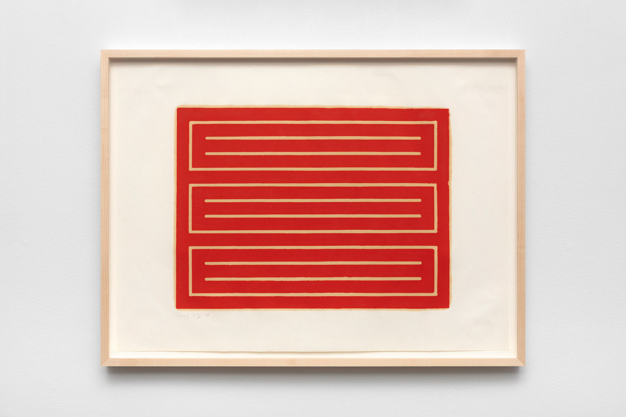 Donald Judd "Untitled" 1962-79 Woodcut in cadmium red on offset paper 21 15/16" x 29 1/4"
