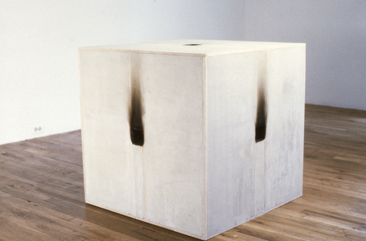 Jackie Winsor &quot;Burnt Paper Piece&quot; 1981-92 Wood, hydrostone, paper reams 32 1/8&quot; x 32 1/8&quot; x 32 1/8&quot;