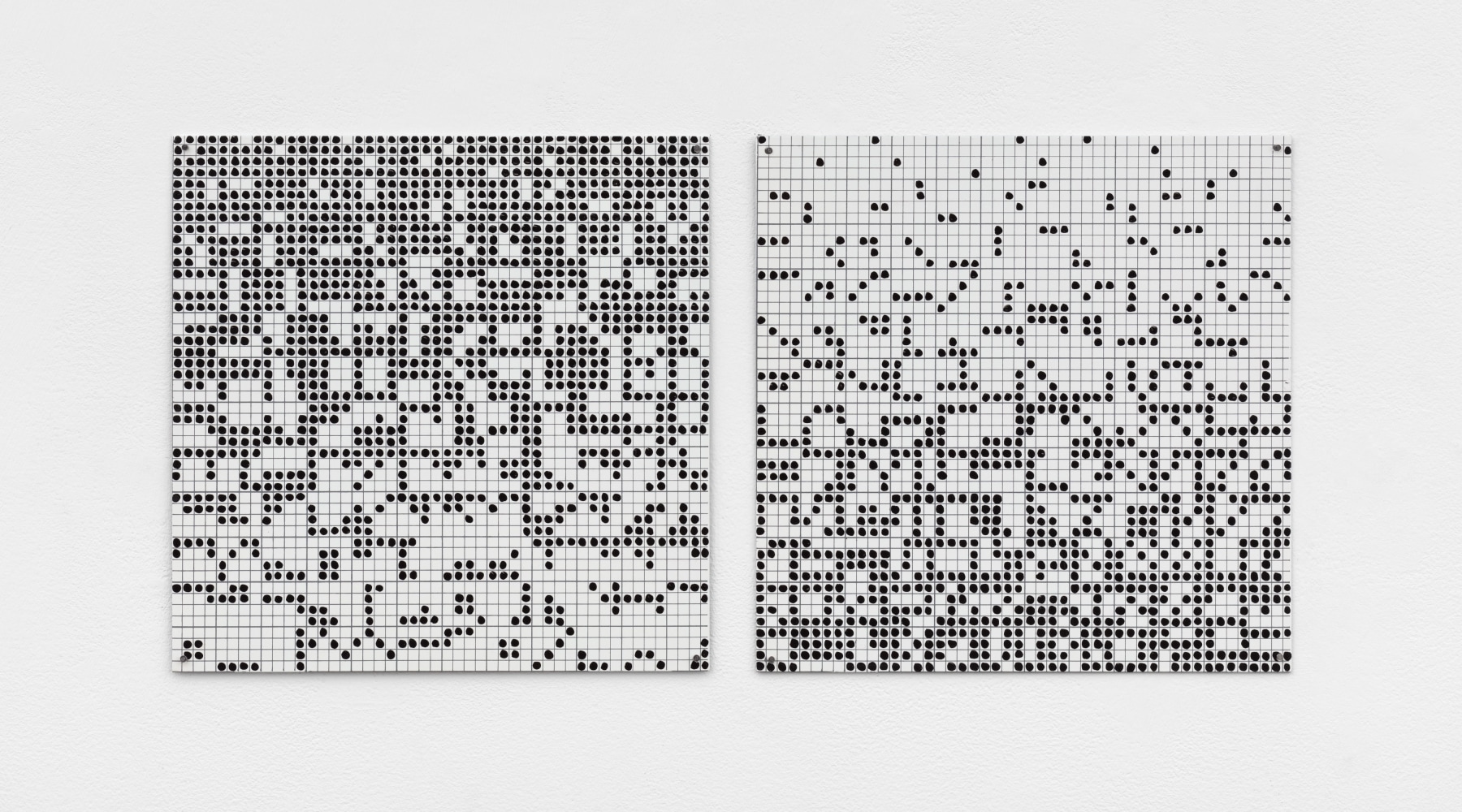 Jennifer Bartlett, Positive Negative Series #3, 1971, enamel over silkscreen grid on baked enamel, steel plates, overall: 12 x 24 in. (30.5 x 61 cm), 2 steel plates, each:12 x 12 in. (30.5 x 30.5 cm)