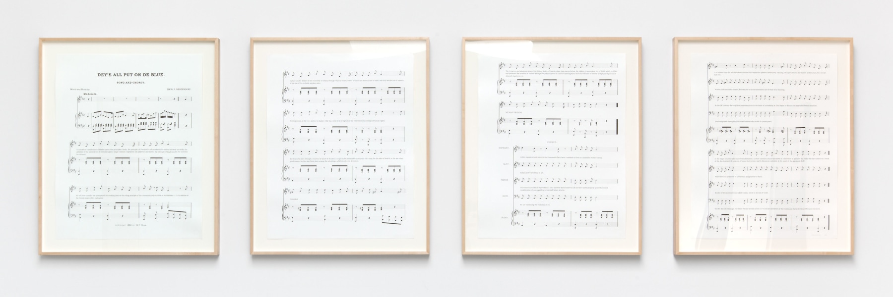 Charles Gaines Notes on Social Justice: Dey's All Put on De Blue, (1880), 2013 ink on 4 sheets of Strathmore Bristol 29 x 23 in. (73.7 x 58.4 cm) frame: 32 x 26 x 1 1/2 in. (81.3 x 66 x 3.8 cm)