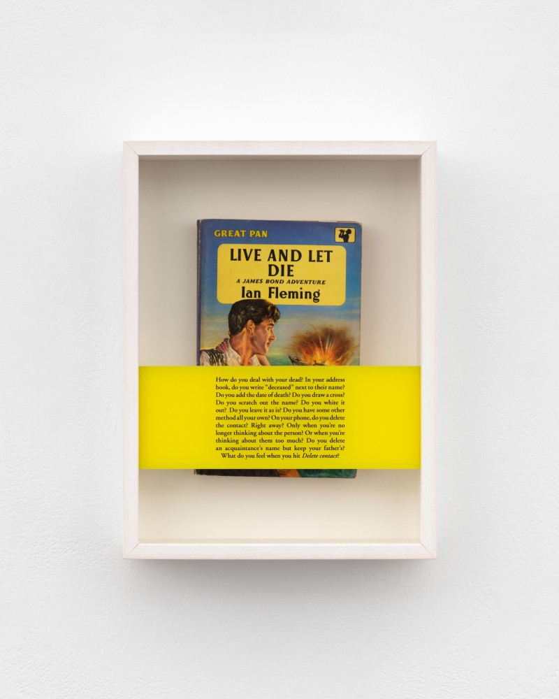 Sophie Calle  Série Noire (Live and Let Die), 2020  book, text printed on glass in frame  11 x 8 x 2 in. (27.9 x 20.3 x 5.1 cm)
