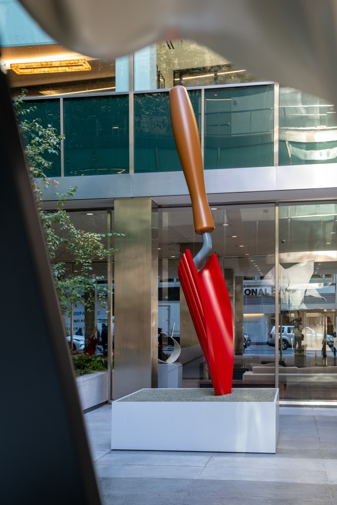 Installation view of Claes Oldenburg & Coosje van Bruggen at Lever House. © Claes Oldenburg and Coosje van Bruggen. Courtesy of the Estate of Claes Oldenburg & Coosje van Bruggen and Paula Cooper Gallery, New York. Photo credit: Timothy Schenck