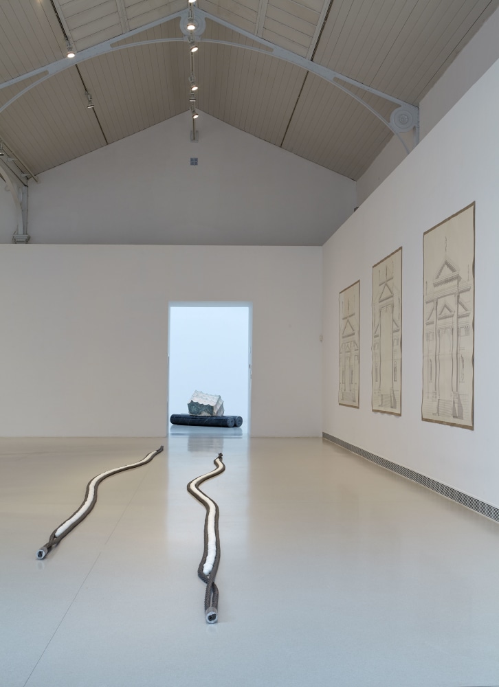nstallation view of Ovaie (1988), Ogni ordine è contemporaneo d’ogni altro ordine. Quattro modi di esaminare la facciata del SS. Redentore a Venezia (Palladio) (1972-73), and Il giorno mi pesa sulla notte IV (1994-2000) in Luciano Fabro, Museo Nacional Centro de Arte Reina Sofía, Madrid, November 27, 2014 – April 12, 2015.