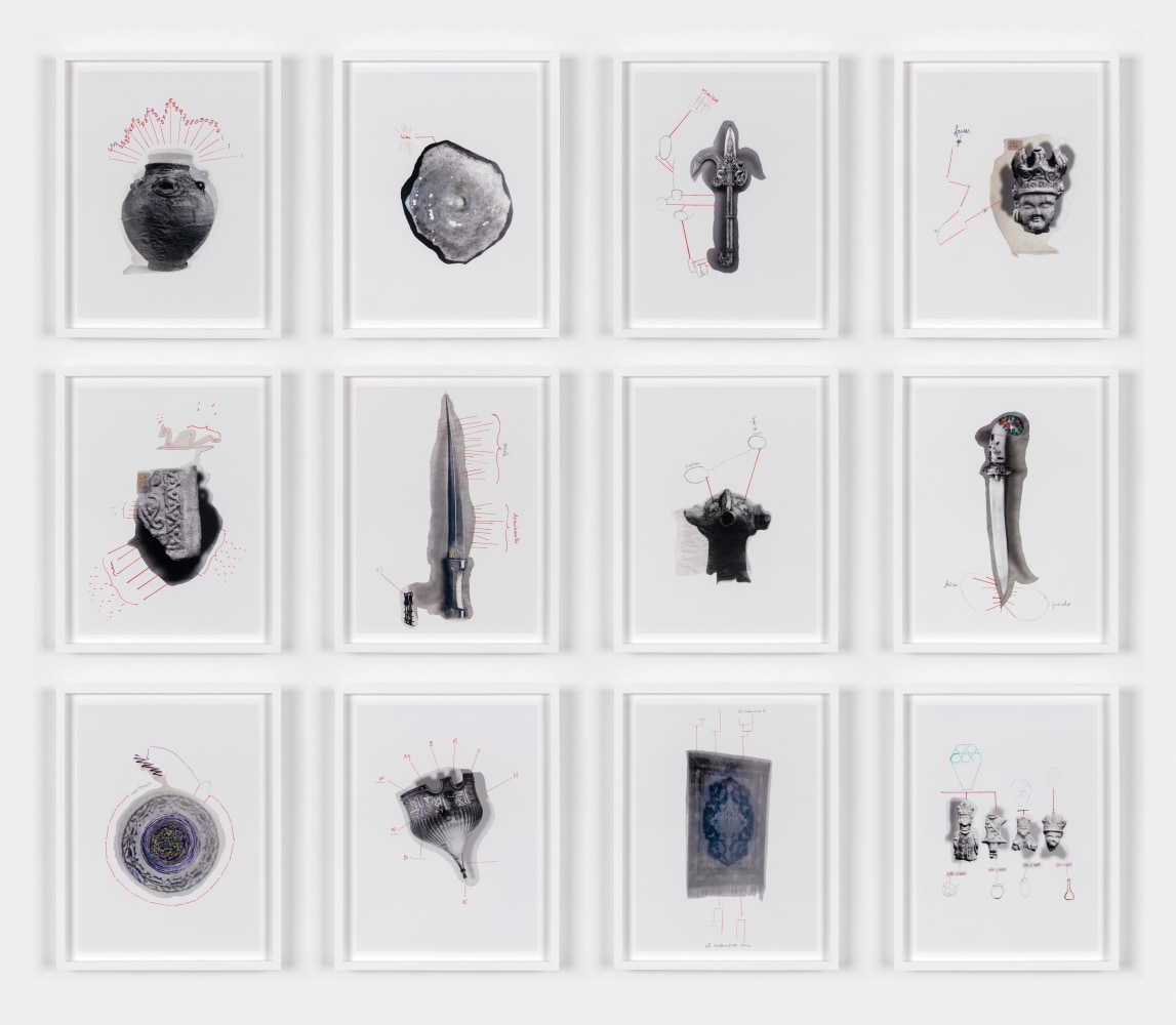 WALID RAAD / THE ATLAS GROUP Preface to the fifth edition, 2014 archival inkjet prints 12 plates, each: 16 1/2 x 13 in. (42 x 33 cm) each frame: 16 1/2 x 13 x 1 1/2 in. (1.3 x 33 x 3.8 cm) overall: 53 1/2 x 58 x 1 1/2 in. (135.9 x 147.3 x 3.8 cm) Edition 4 of 5, 2 APs